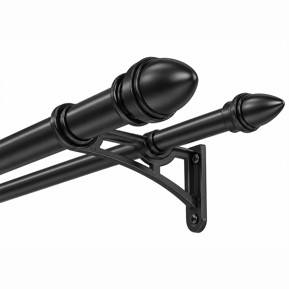 Black 16/25mm flat poly bracket for curtain rods with round finials and a wall-mount bracket, showing dual rod support and