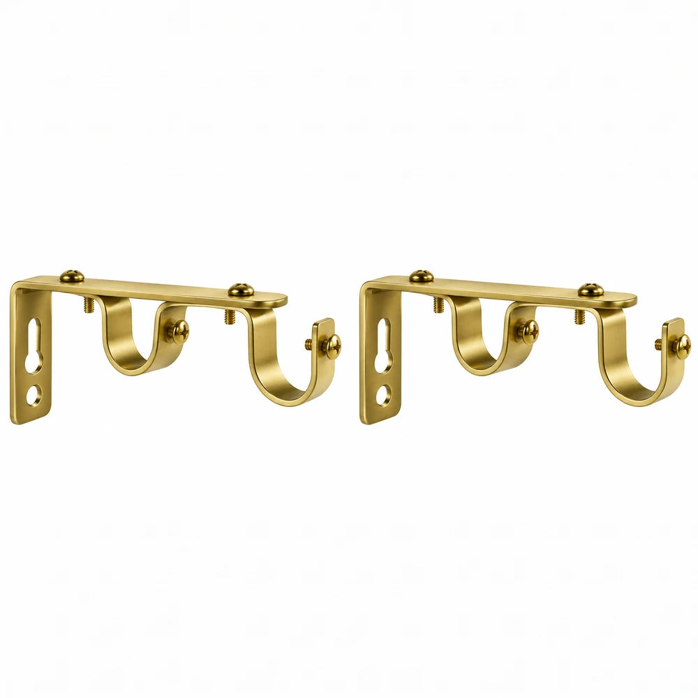 16/25mm metal double bracket in brass-gold finish with dual curved hooks for wall mounting, pair shown.