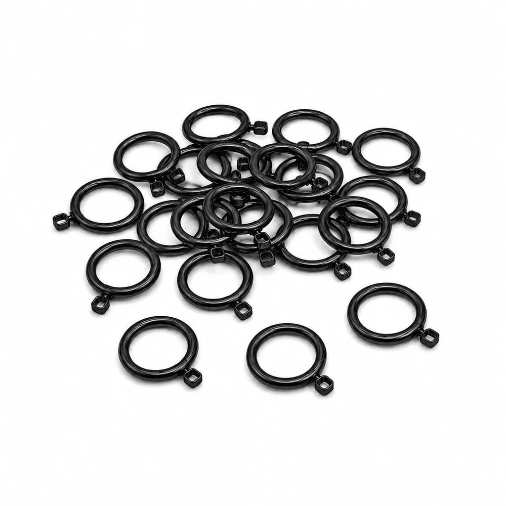 Black metal 16mm curtain rod rings set with square mounting insert for easy drapery hanging.
