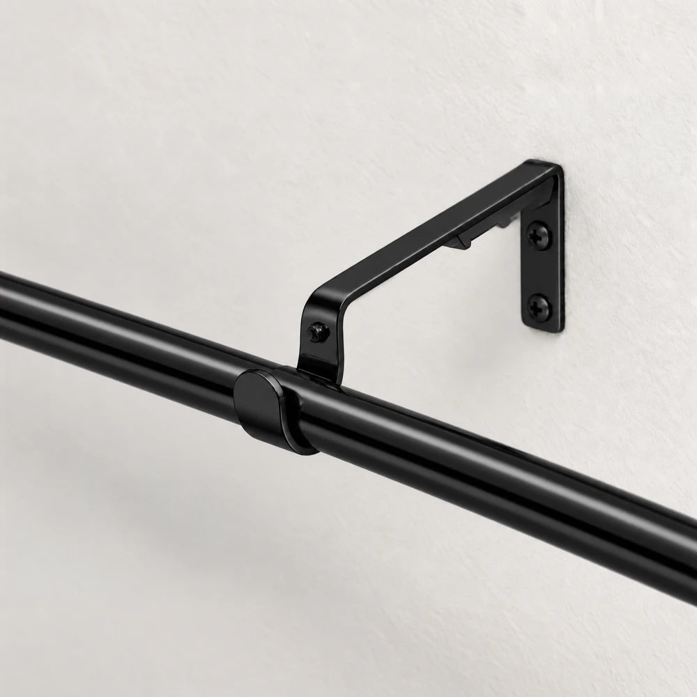 16mm single rod bracket in black metal, wall-mounted with adjustable clamp and mounting screws