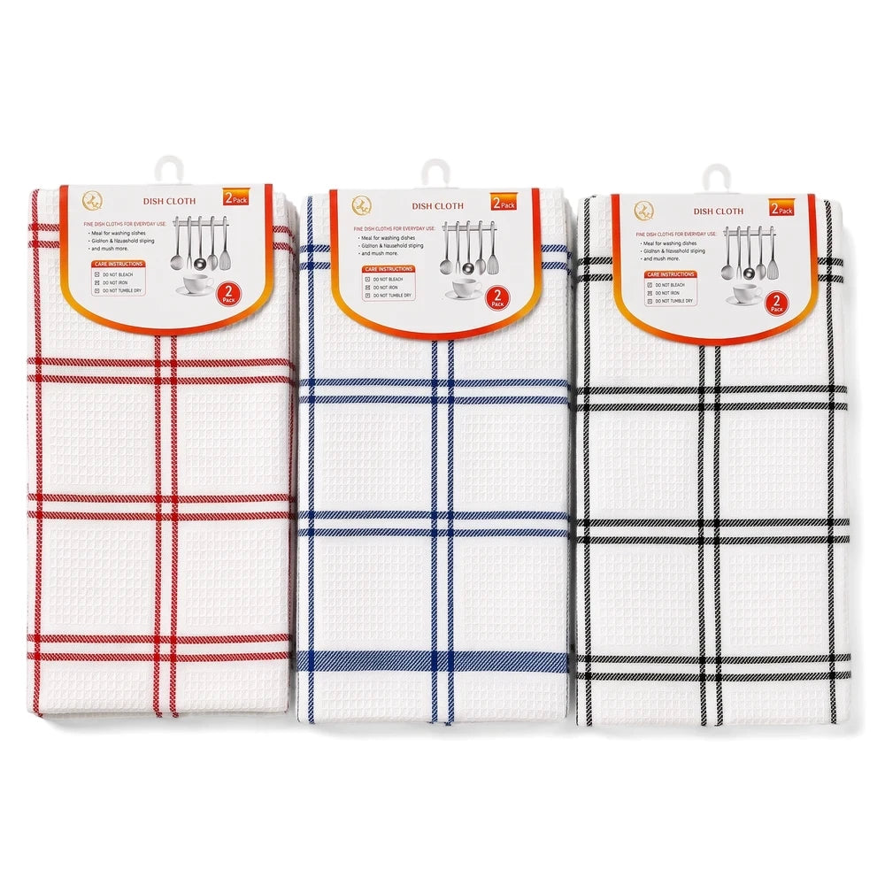 Three 2-pack dish cloths featuring red, blue, and black plaid patterns on white waffle-weave fabric, displayed in their