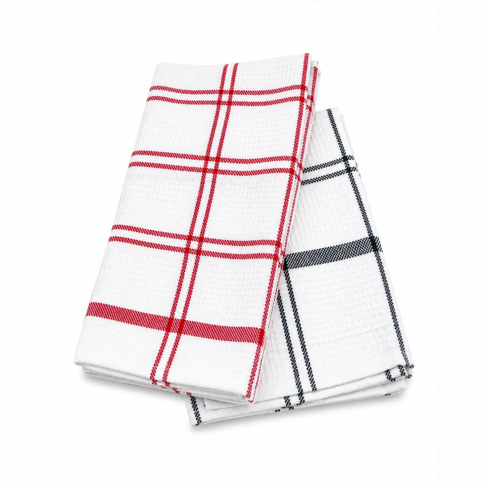 2 pack dish cloths featuring white cotton towels with red plaid pattern and a second with black plaid for kitchen use.