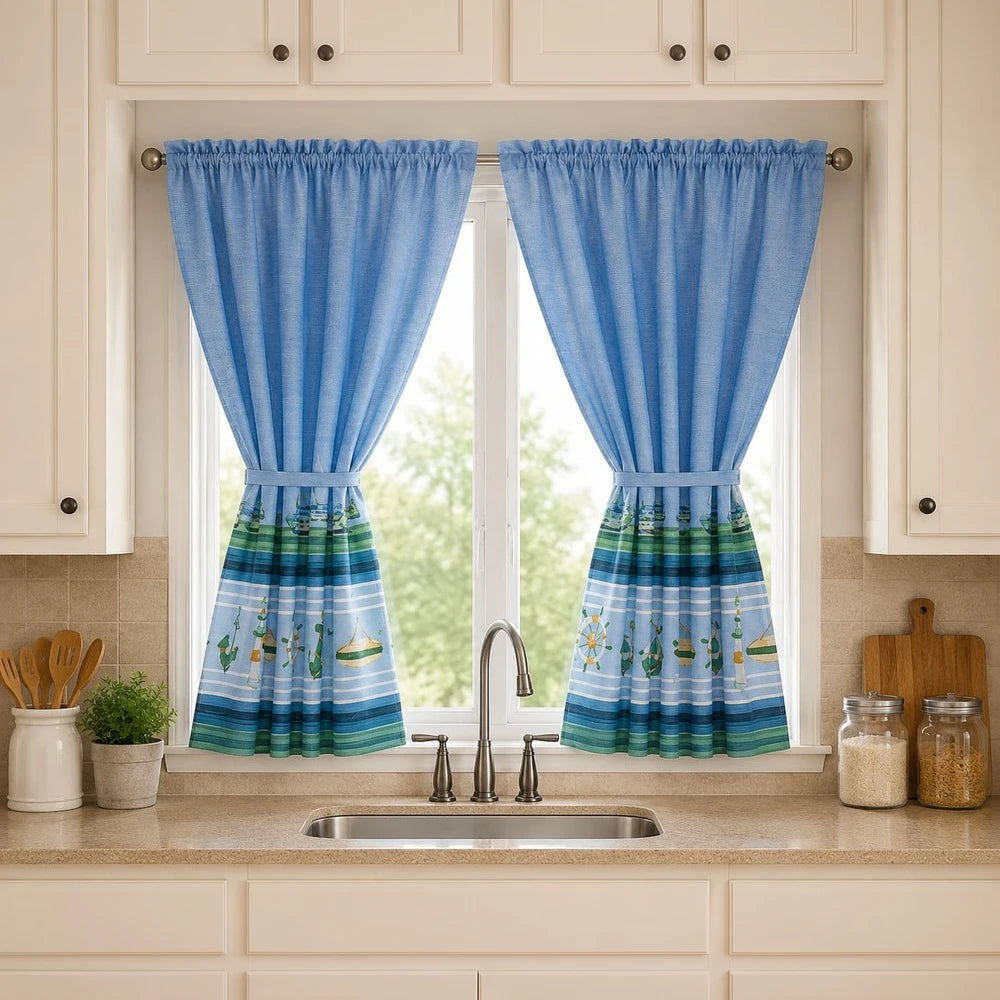 2-Piece Polycafe Kitchen Curtain Set with Tiebacks in blue, featuring a nautical boat stripe pattern along the lower portion