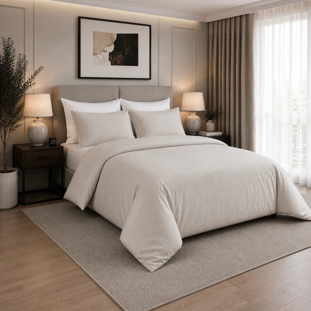 200TC 100% cotton percale plain duvet cover set in beige with matching pillowcases for a crisp, minimalist bedroom