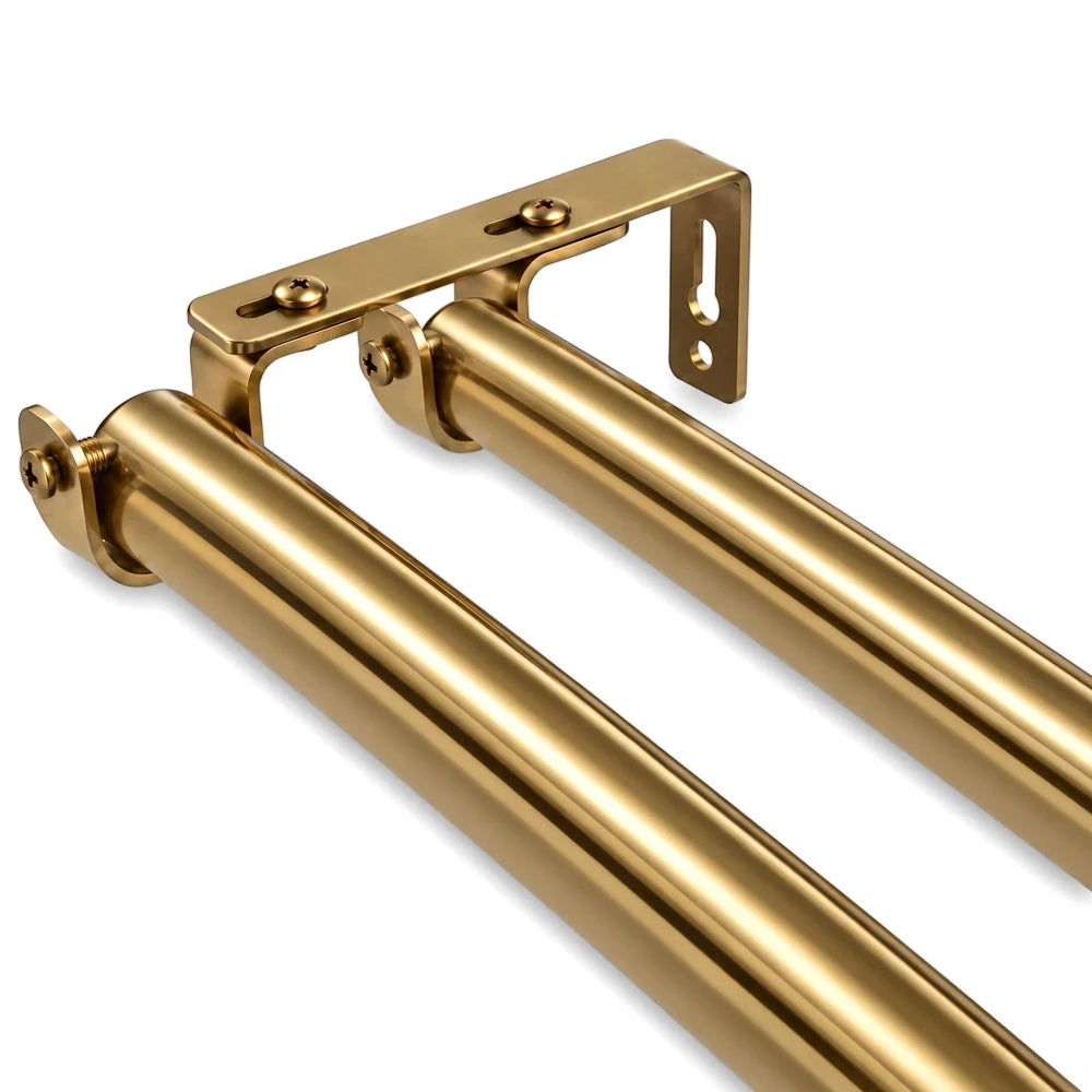 Gold finish 25mm heavy-duty double bracket with twin cylindrical bars and wall-mount plate