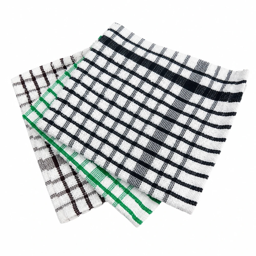 3-pack button terry swab dish cloths in white with navy, brown, and green plaid patterns for kitchen cleaning.
