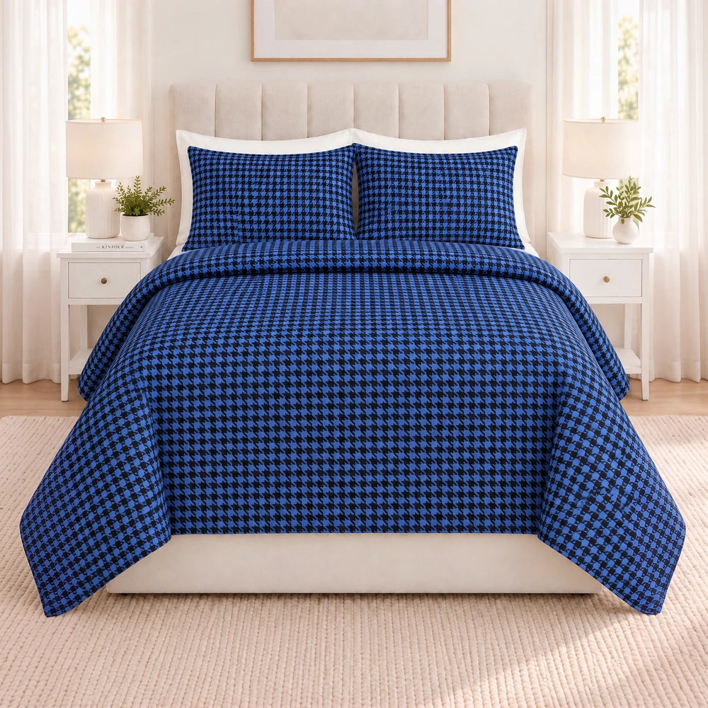 3pc Pierre Cardin printed houndstooth quilt set in blue with matching pillow shams for a coordinated bedroom look.