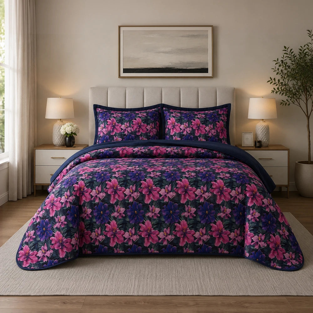 3PC Tela Milano Indep Comforter set in navy with pink and purple floral pattern and matching shams.