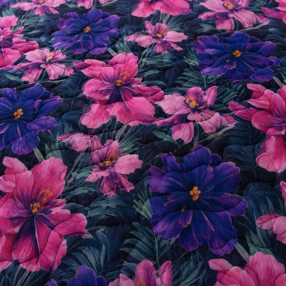 3PC Tela Milano Indep Comforter set featuring pink and purple floral pattern on a dark background.