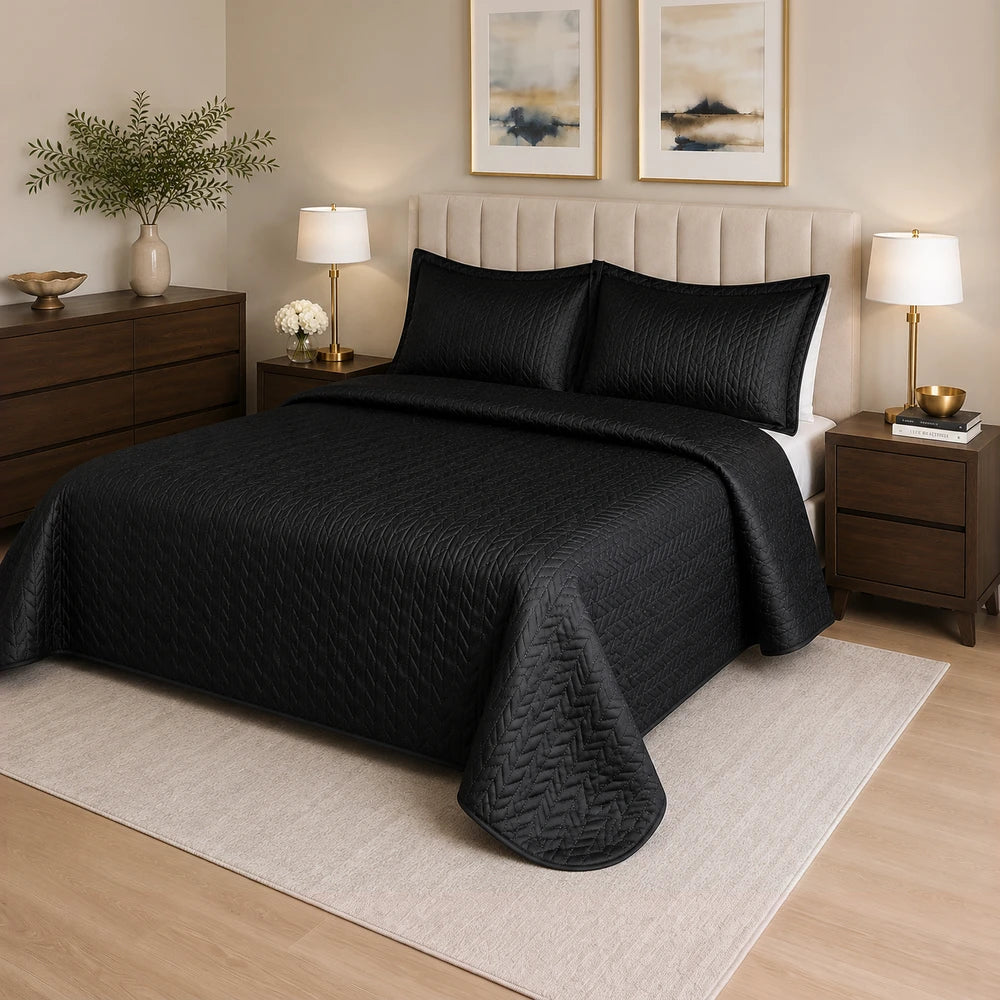 3Pc Ultrasonic Satin Quilt in black with two matching shams, quilted texture for a modern bedroom.