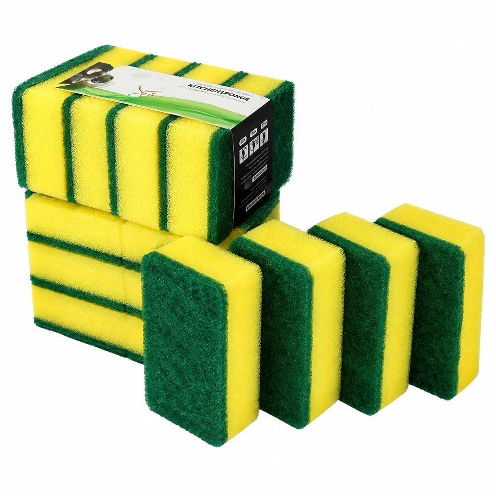 4 pack cleaning sponges with yellow foam and green scrubbing layer, ideal for kitchen dishes and surface cleaning.