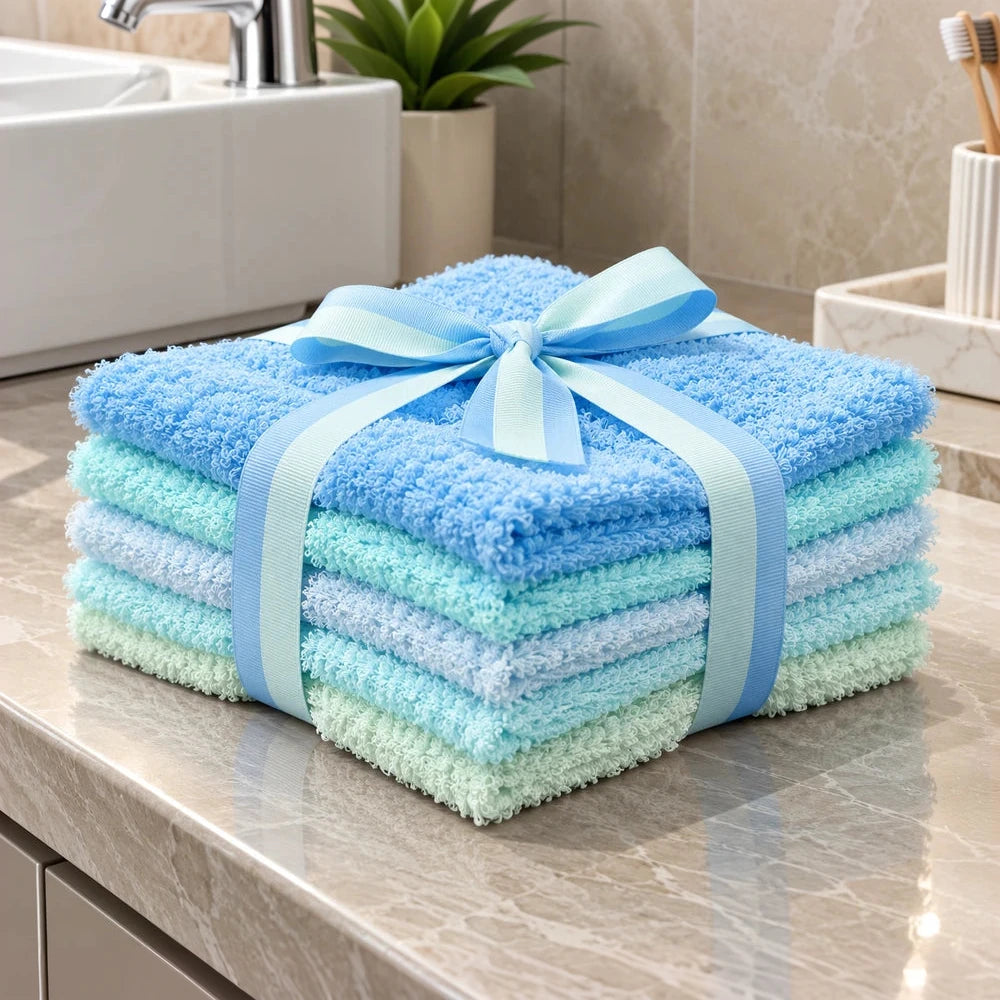 5-Piece mixed colour face towel set (30 x 30cm) in blue, teal and mint with soft terry texture