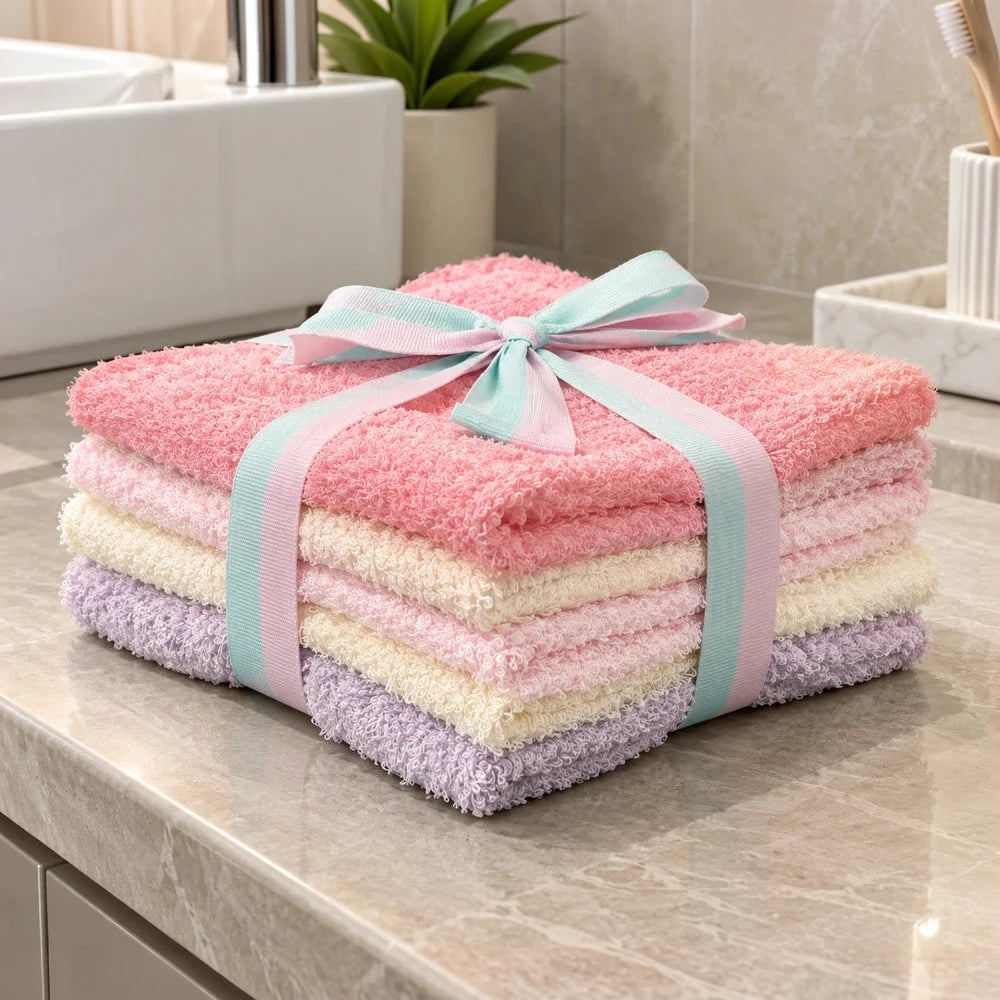 5-Piece mixed colour face towel set with pastel pink, cream, lilac and mint towels, each 30x30cm for everyday use