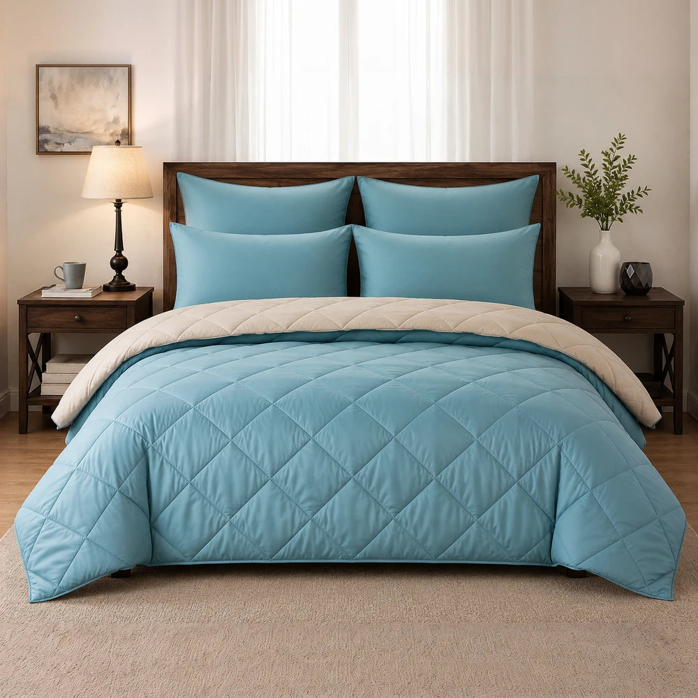 5Pc Pierre Cardin Monochrome Reversible Comforter in blue with beige reverse, quilted bedding set with matching pillow shams.