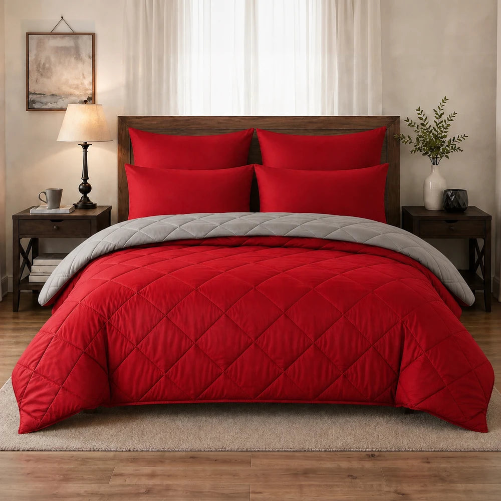 5Pc Pierre Cardin Monochrome Reversible Comforter set in red with gray reverse, diamond quilted design.