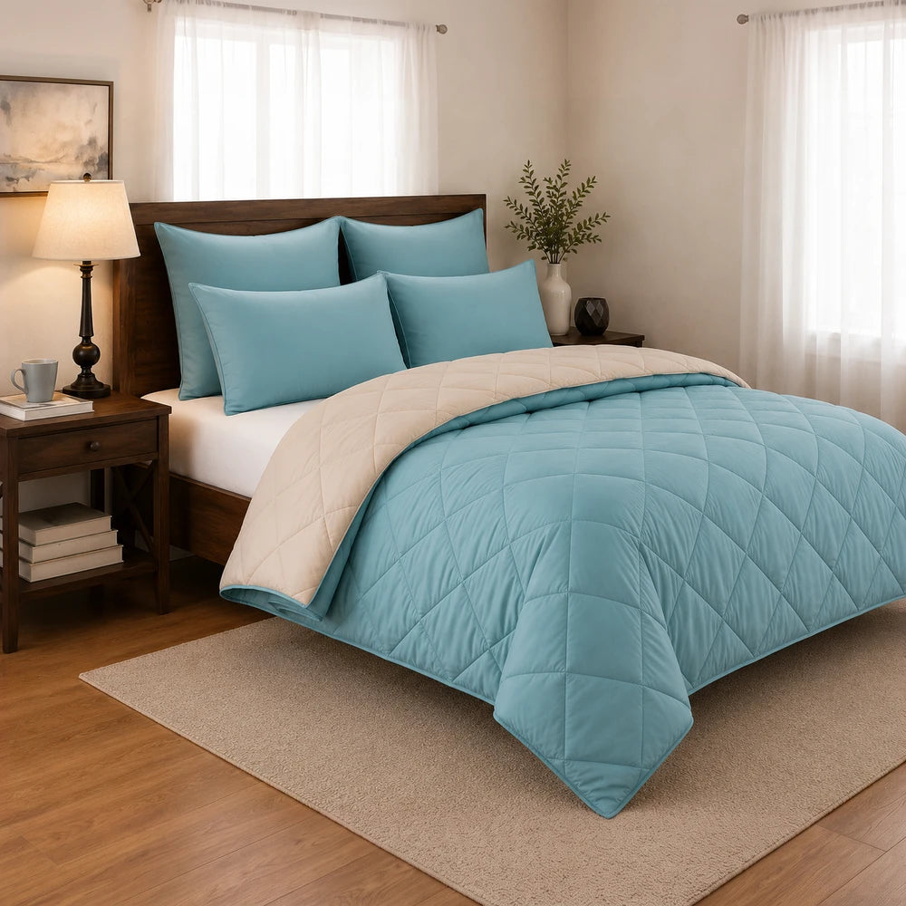 5pc Pierre Cardin Monochrome Reversible Comforter in teal with beige reverse, quilted bed cover for a calm, modern bedroom.