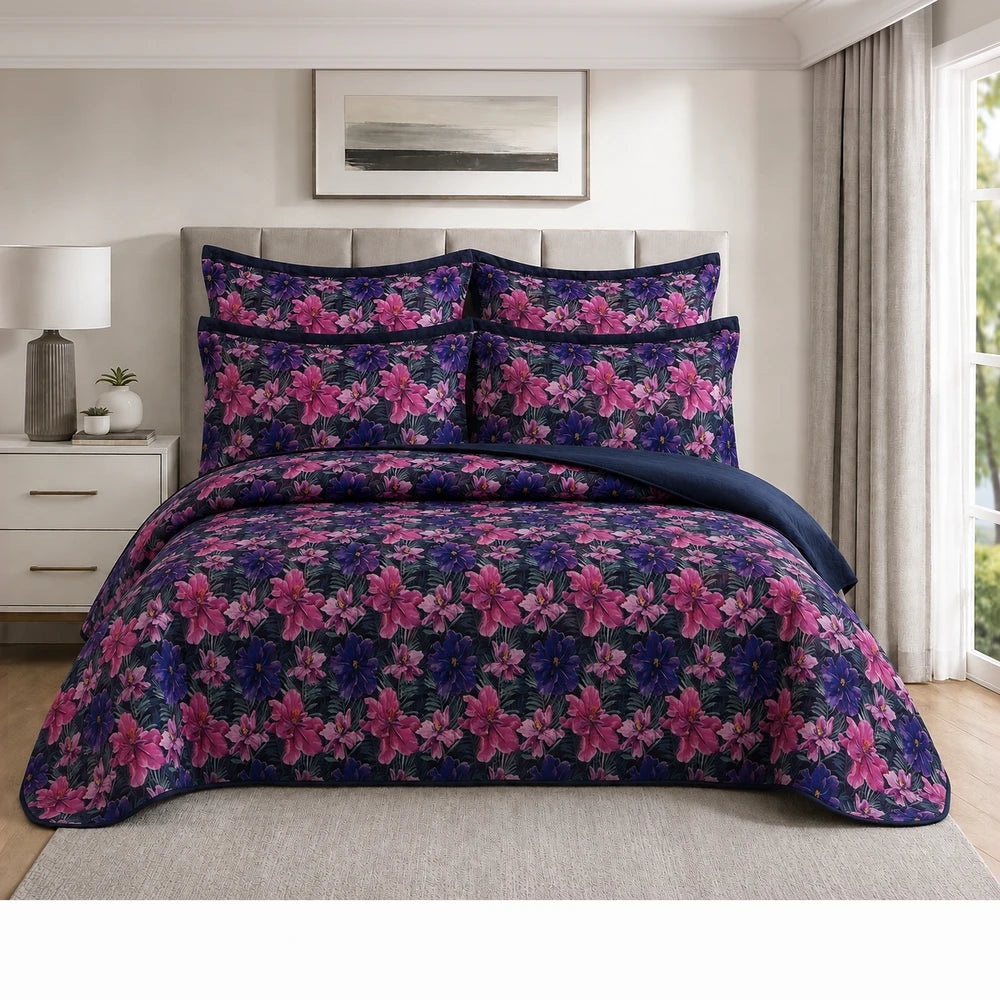 5PC Tela Milano printed quilt set in navy with pink and purple floral pattern; includes quilt and matching shams