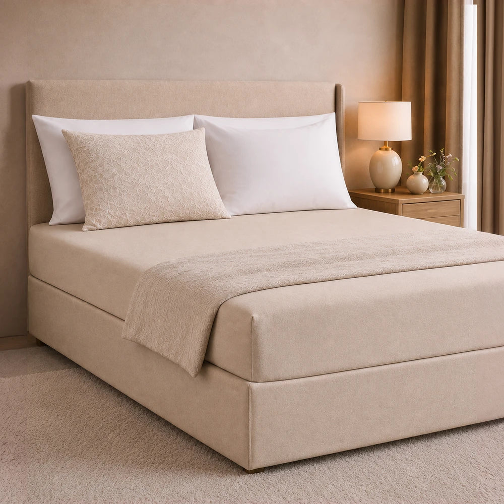 All-in-one Fitted Sheet and Base Cover in beige for a seamless bed look with neutral linens