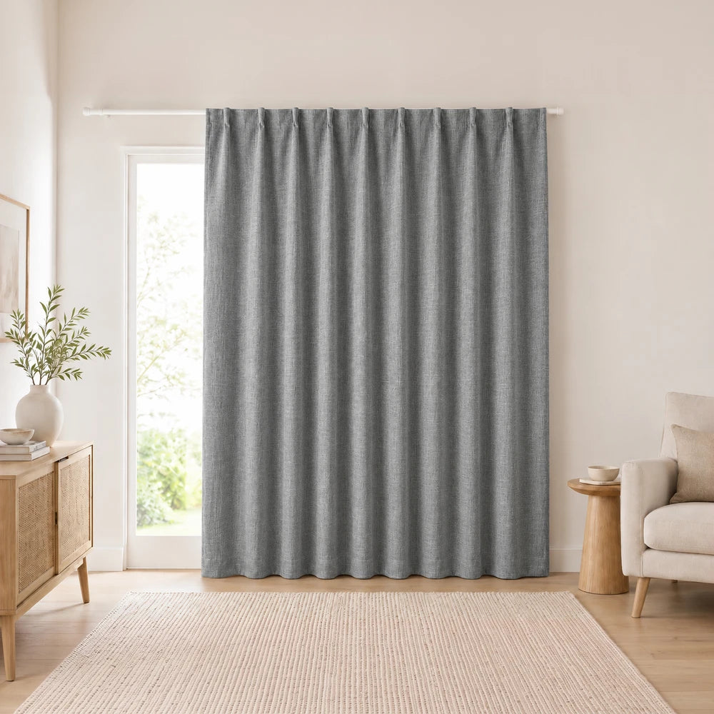 Barkweave Taped Lined Curtain in grey, woven fabric with lining for light control, ideal for living room privacy.