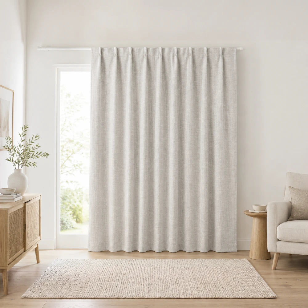Barkweave Taped Lined Curtain in light beige, woven texture, full-length window curtain for a soft neutral look.