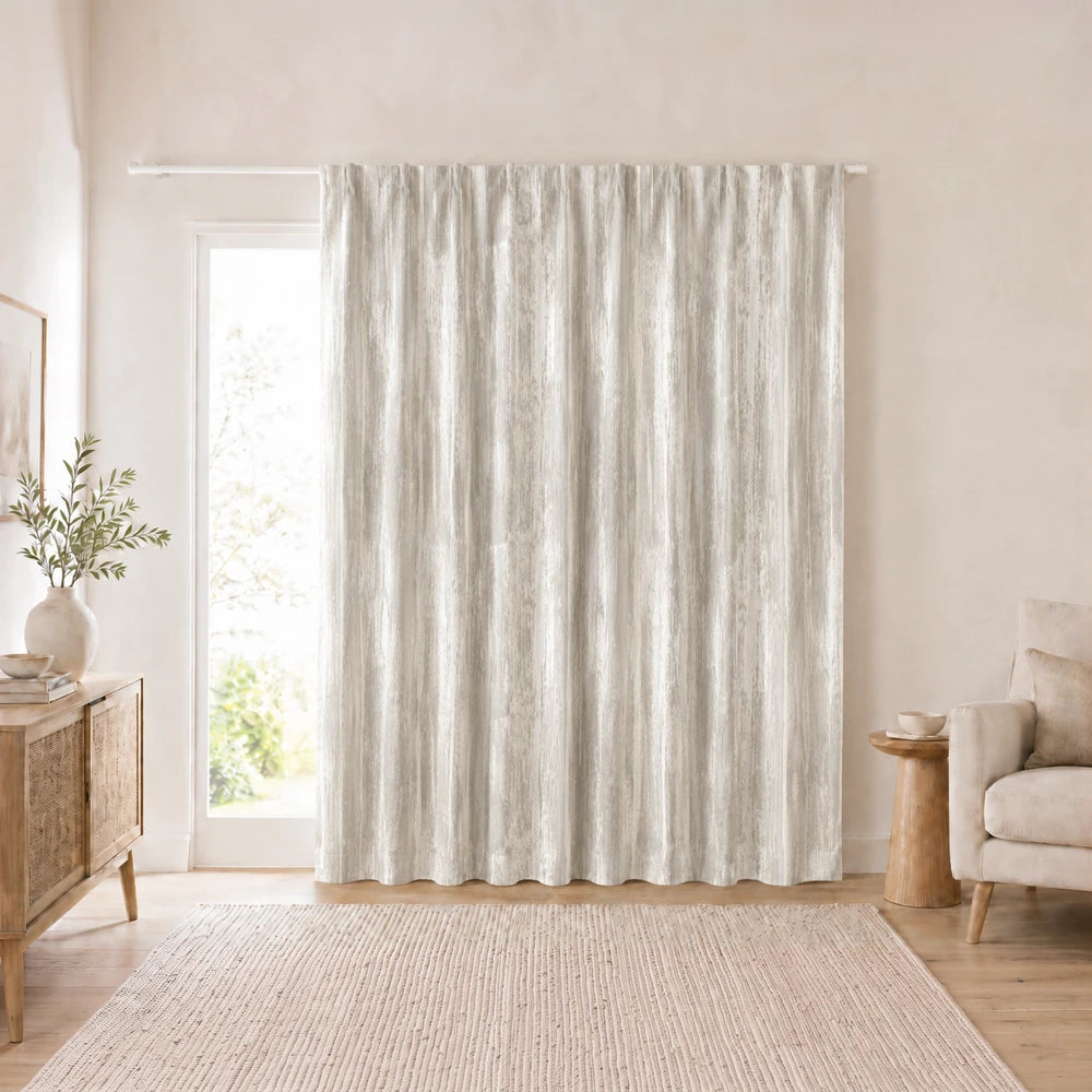 Barkweave Taped Lined Curtain in light gray with textured weave, providing room-darkening privacy and a soft, natural look.