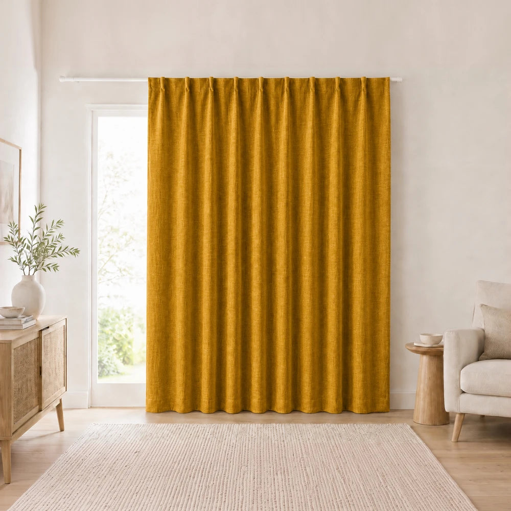 Barkweave taped lined curtain in warm mustard gold color, woven texture, full-length view suitable for living room