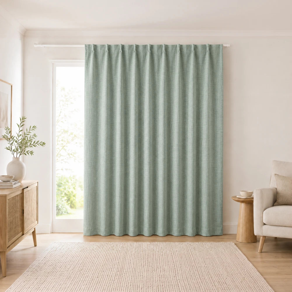 Barkweave Taped Lined Curtain in soft teal, textured weave, ready to hang for privacy and light control.