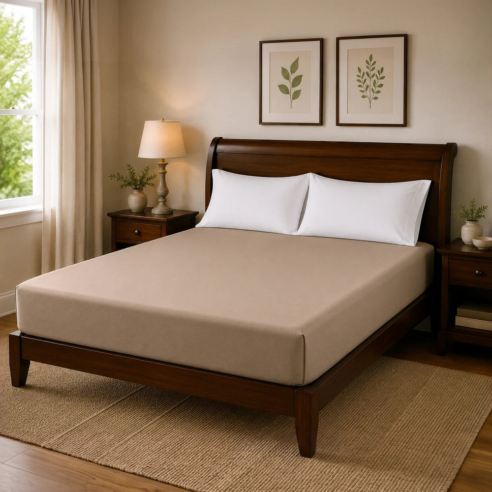 Beige microfibre fitted sheet on a wooden bed frame with two white pillows, highlighting a smooth, snug fit and a clean