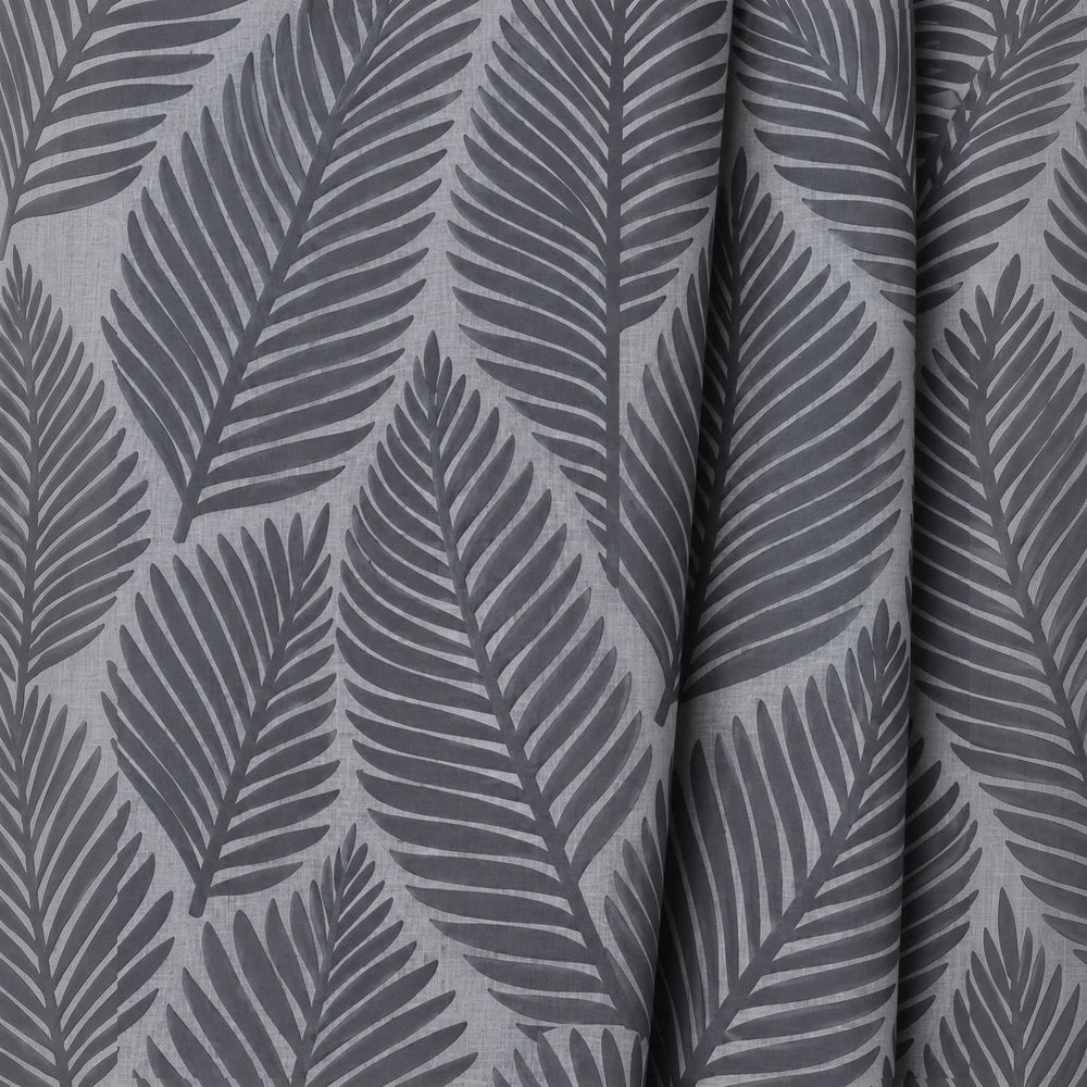 Bold Palm Leaf Paste Print Taped Lined Curtain in charcoal gray with large leaf pattern, suitable for living rooms.