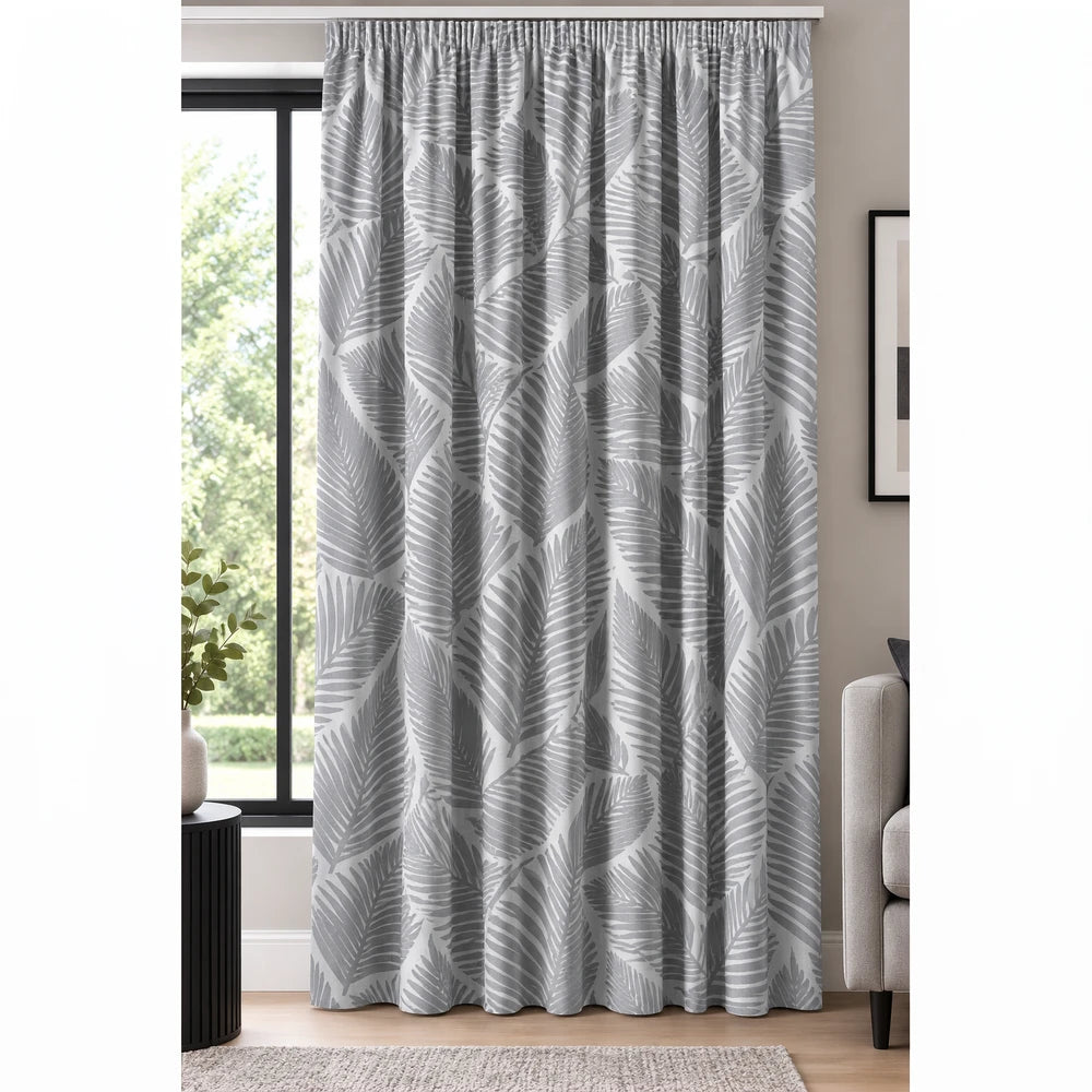 Bold palm leaf paste print taped lined curtain in gray and white, a textured window treatment with a leaf motif.