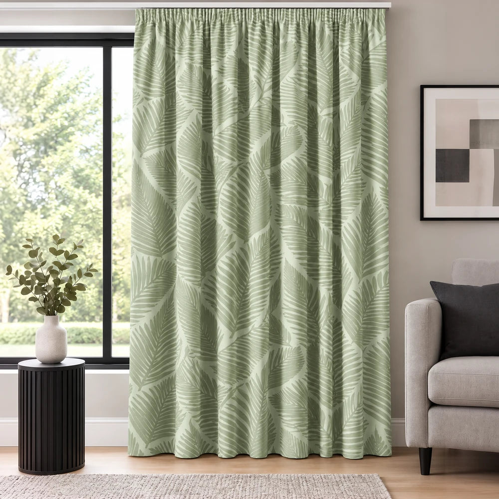 Bold Palm Leaf Paste Print Taped Lined Curtain in sage green with tropical palm leaf pattern for living rooms.