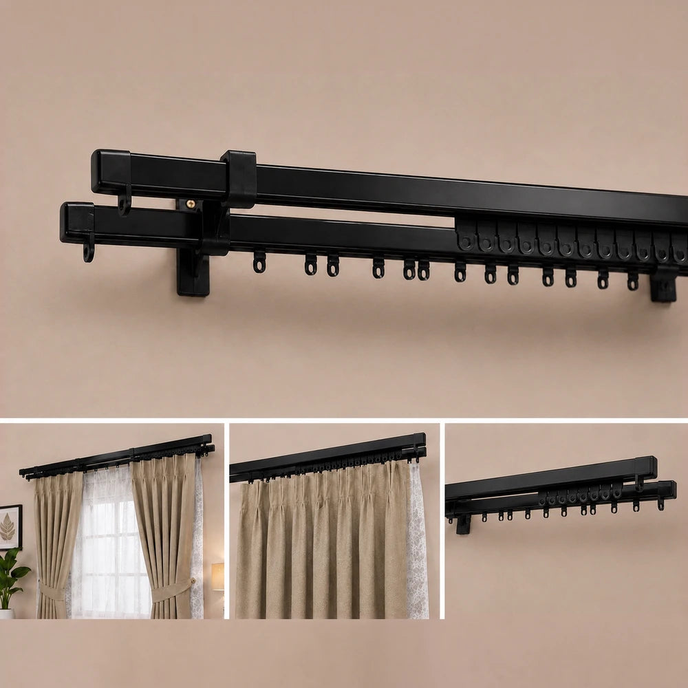 C-Track Double Curtain Rail in black with twin rails and multiple hook slots for heavy drapes