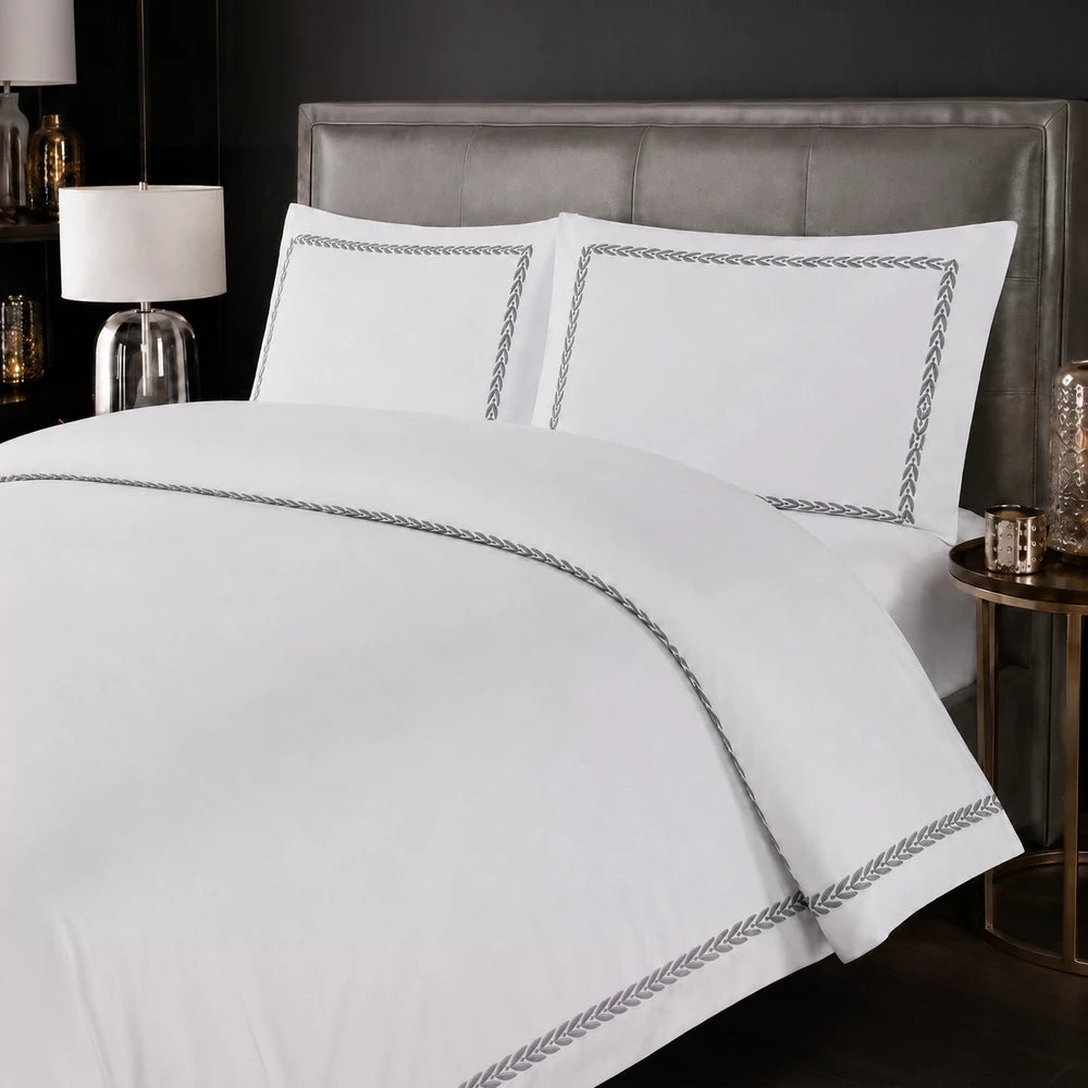 Carducci Serenity 100% cotton bedding in pure white with silver gray braided border on duvet and pillowcases