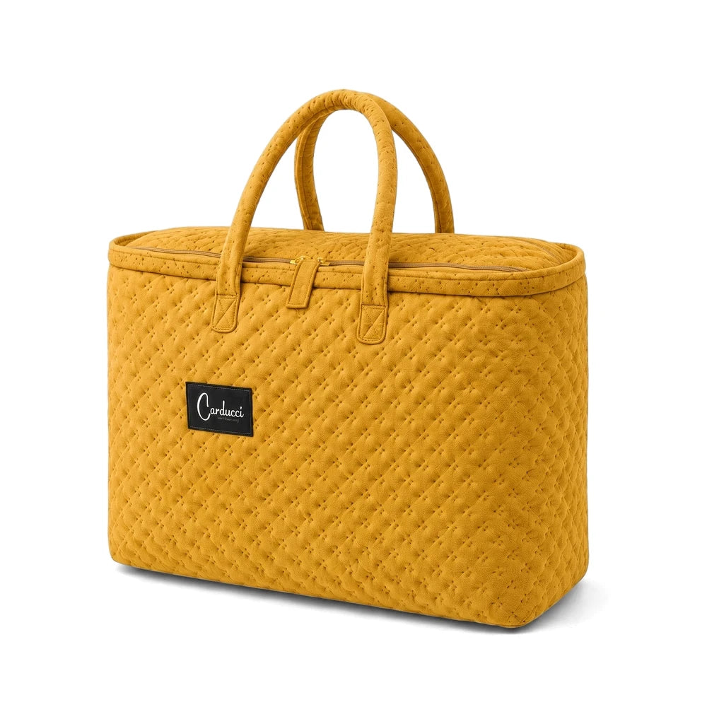 Carducci Velvet Pinsonic Quilt Set matching storage bag in a quilted mustard yellow velvet texture with two handles and a