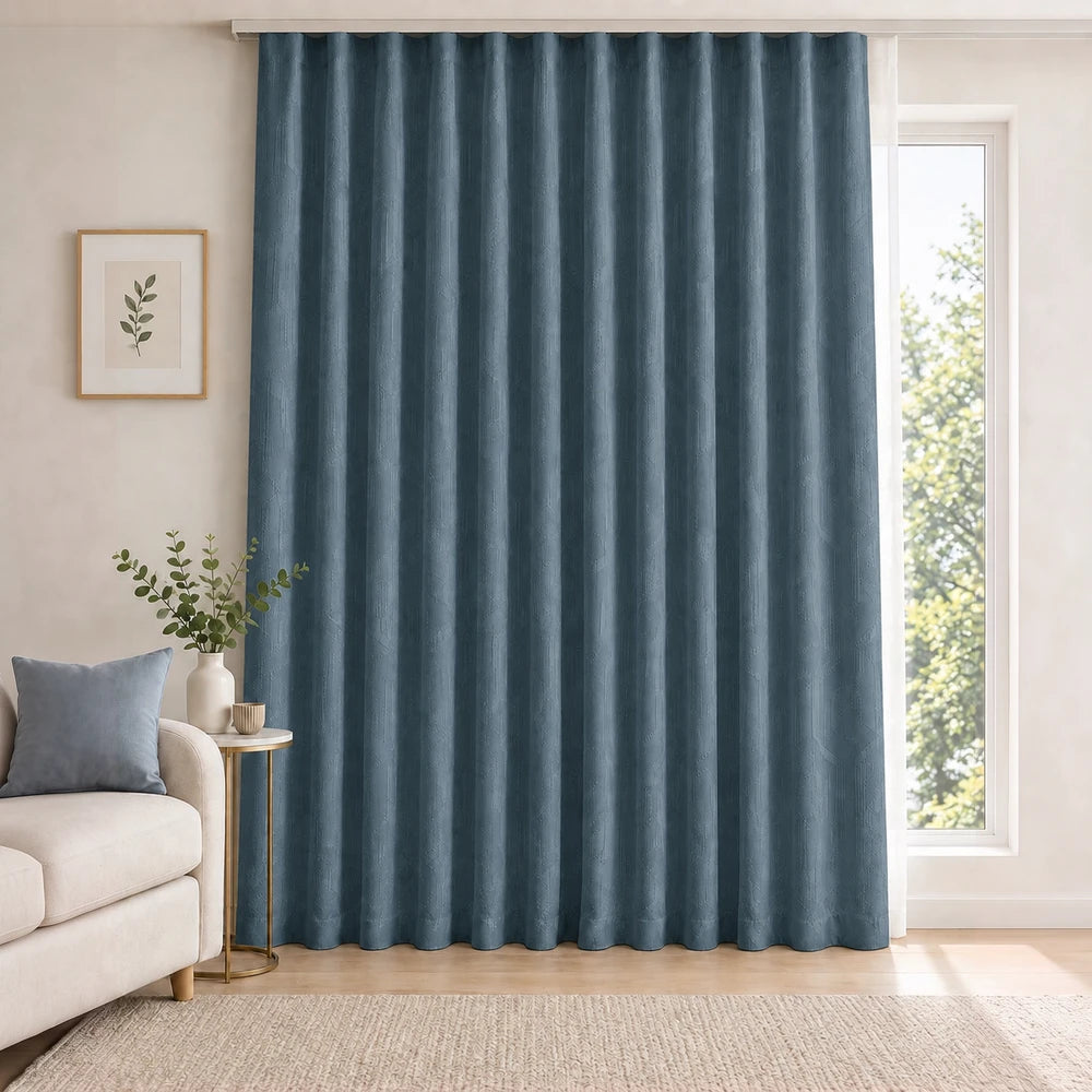 Carducci Velvet Textured Unlined Taped Curtain in deep blue with rich velvet fabric and smooth drape.