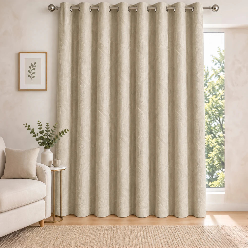 Carducci Velvet Textured Unlined Eyelet Curtain in creamy beige with soft drape and metal grommets.