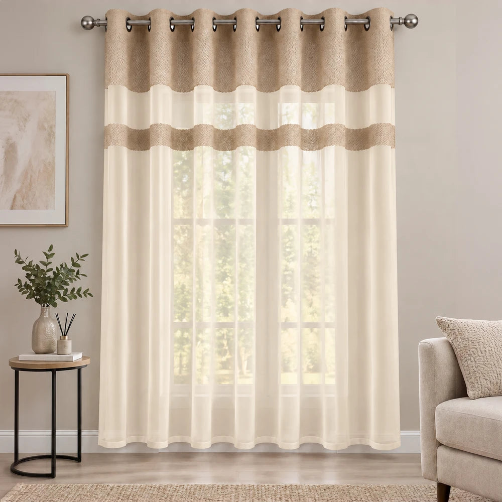 Cecile Balza Alter eyelet curtain in sheer ivory with beige textured horizontal bands and silver grommets for a soft