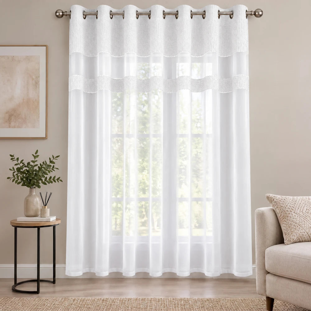Cecile Balza Alter Eyelet Curtain in white sheer fabric with metal eyelet header, lightweight window treatment for soft