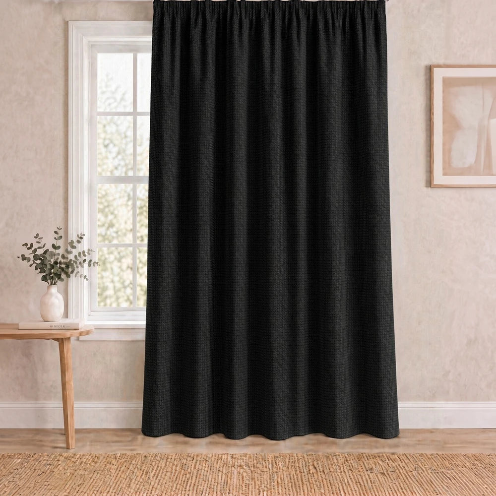 Charlie textured taped lined curtain in black, full-length drapery with a subtle grid texture for a modern, clean look.