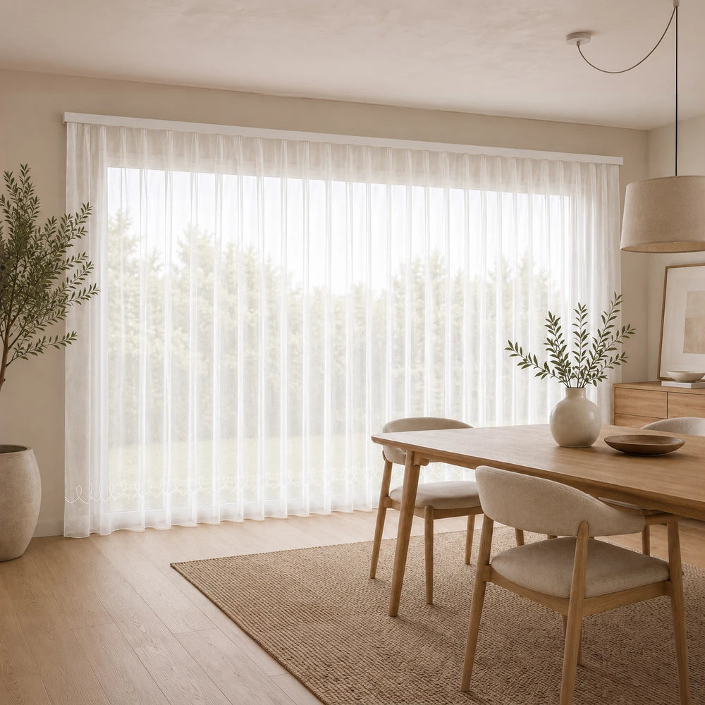 Cornley Frosted Voile 5m taped curtain in white sheer fabric, soft-filtered light for living room privacy.