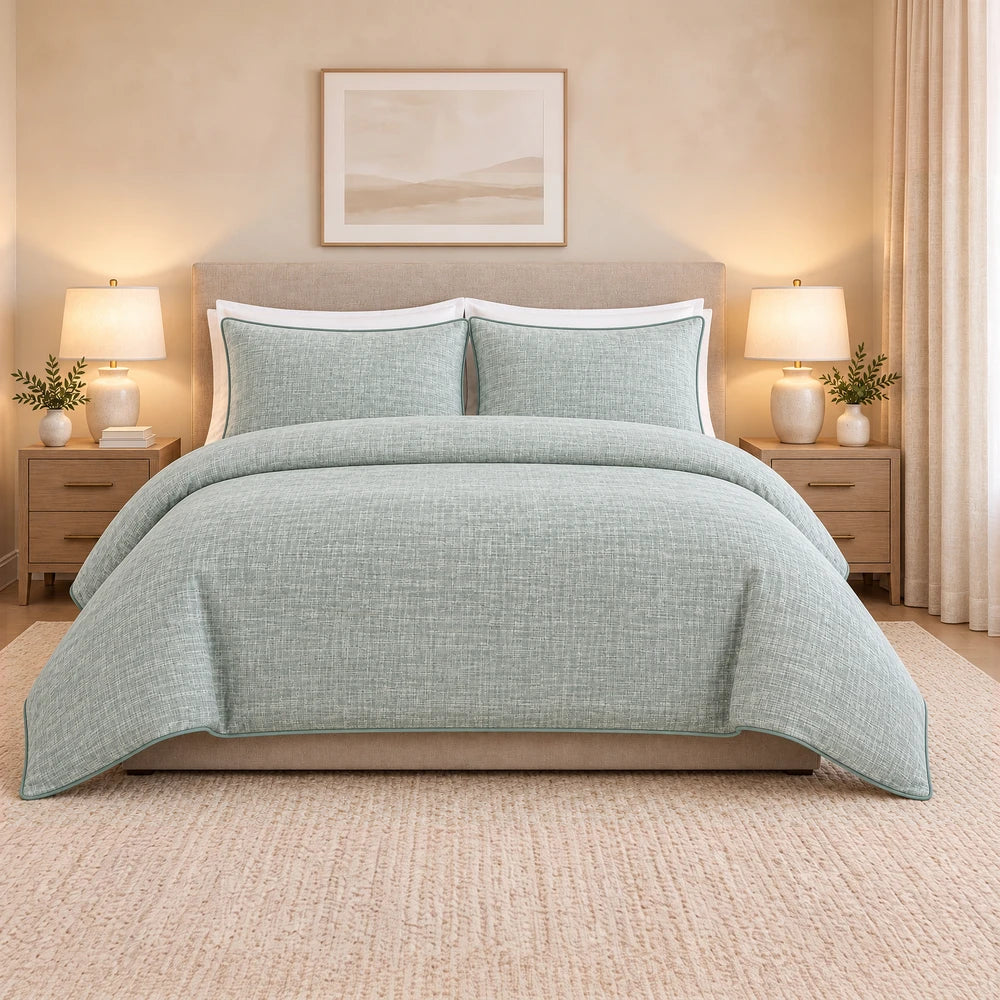 Cotton Co. Cashmere Linen Luxury Duvet Cover Set in pale blue with textured woven fabric and coordinating pillow shams.