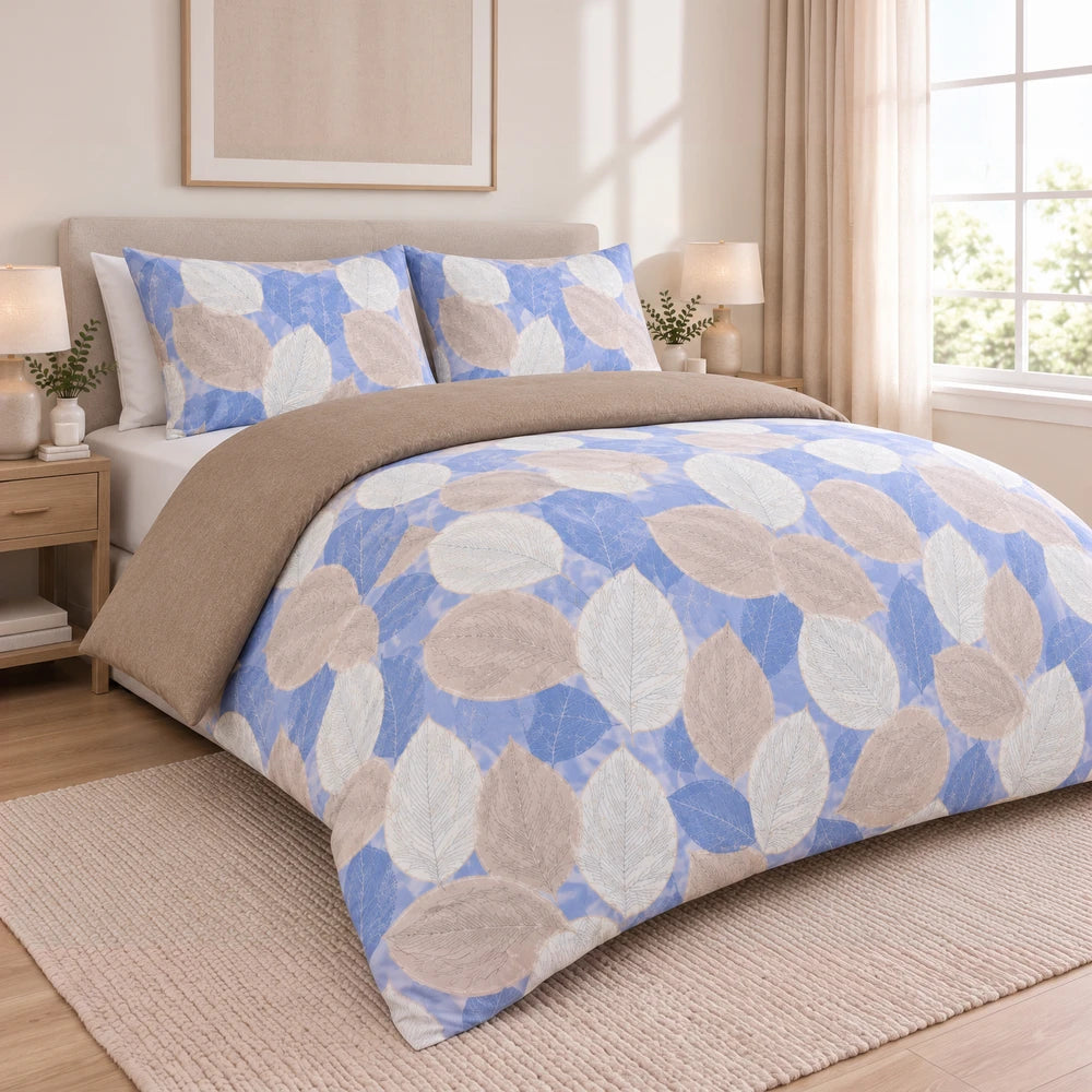 Cotton Co Duvet Cover Set - Margo in blue with beige and white leaf pattern, soft cotton fabric for a cozy bedroom.