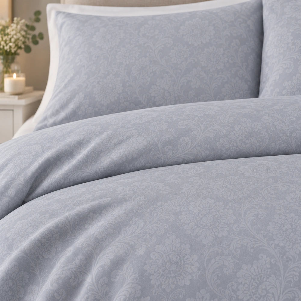 Cotton Co Kate Duvet Cover Set in grey with a subtle damask pattern, soft cotton fabric and matching pillowcases.