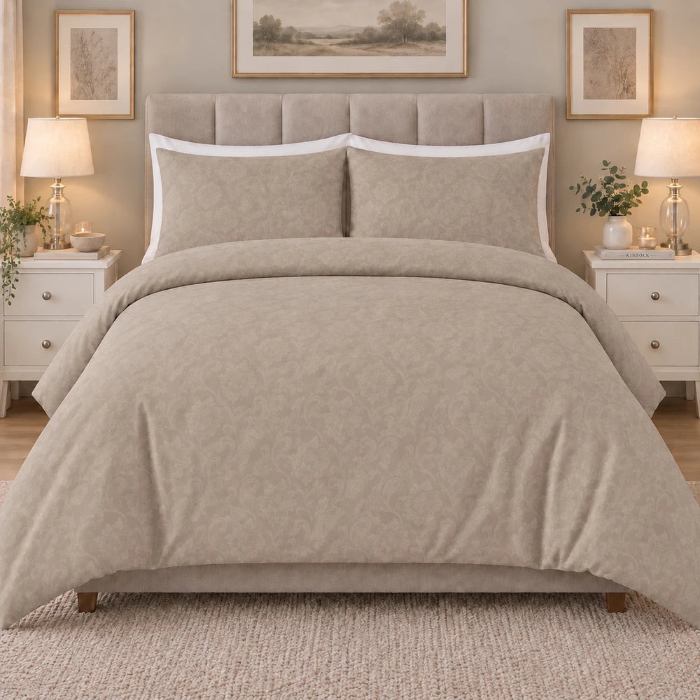 Cotton Co Kate Duvet Cover Set in stone with a subtle damask pattern, includes duvet cover and two shams.