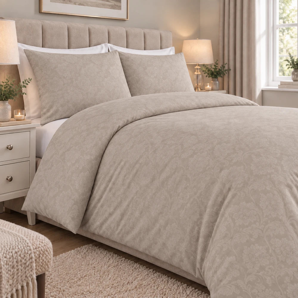 Cotton Co Kate Duvet Cover Set in stone with a subtle damask pattern and soft, breathable cotton.