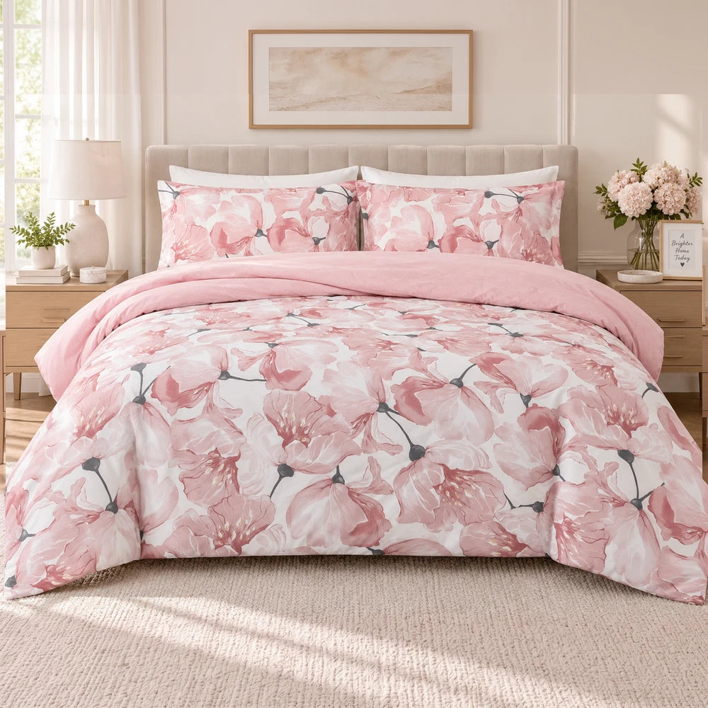 Cotton Co Premium Comforter Set in pink featuring a large floral print and soft cotton comforter for a cozy bedroom