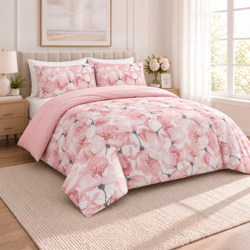 Cotton Co Premium Comforter Set in pink floral pattern with soft cotton fabric and matching pillow shams.