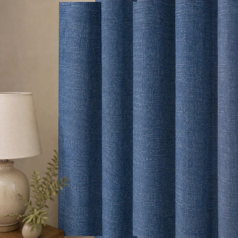 Crepe taped lined curtain in blue with a textured weave, suitable for living room use, size 230 x 218 cm