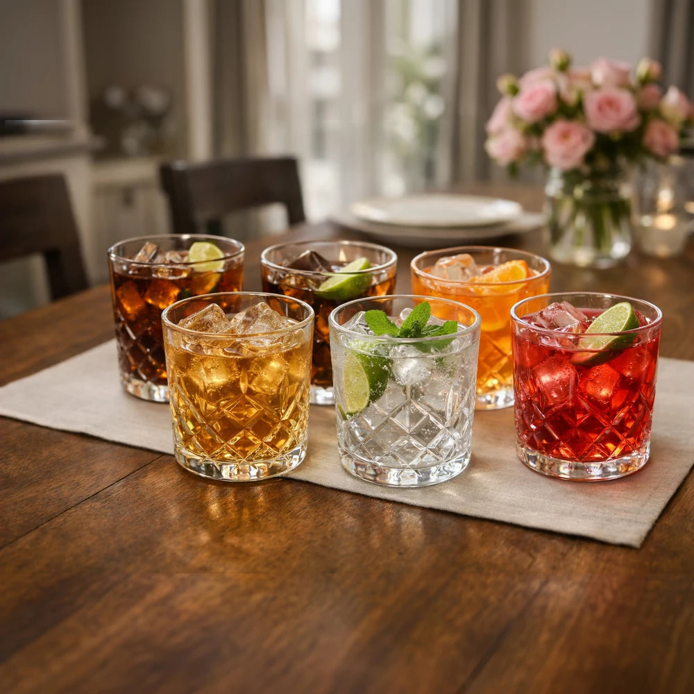 Crystal-cut whiskey tumbler glass, 250ml, six-piece set with diamond-cut facets and assorted colored drinks.