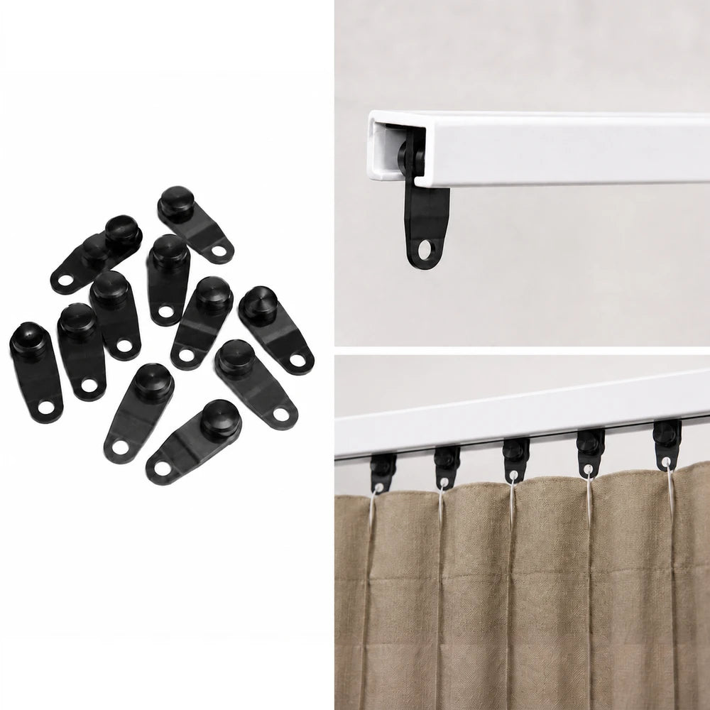 Curtain Track Gliders in black plastic with mounting holes, suitable for hanging curtains on a track system.